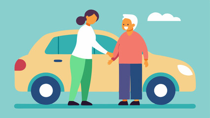 Transportation Support An illustration of a family member helping an elderly person into a car for a doctors appointment showing assistance with transportation needs.