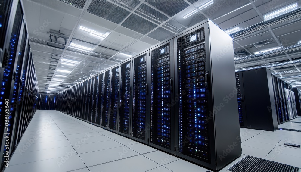 Aufkleber modern data center with rows of server racks illuminated by blue lights