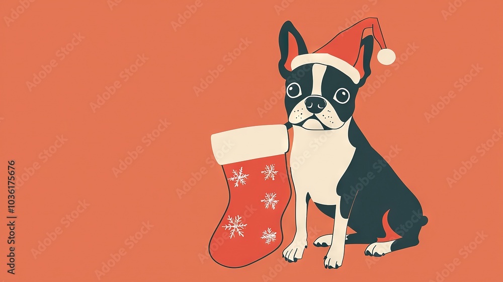 Sticker   Boston Terrier sitting beside Christmas stocking with snowflakes on its legs