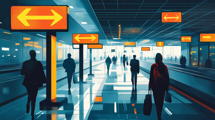 These are illustrations of signs that you might see at an airport. They show arrows and directions.
