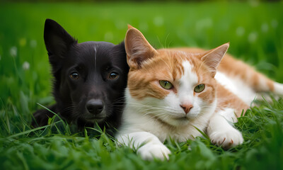 Fototapeta premium dog and orange cat Generated AI 