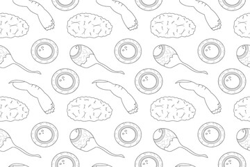 Seamless Halloween pattern for coloring featuring brains, eyeballs, and spooky fingers. Great for creative kids fun and Halloween decor.