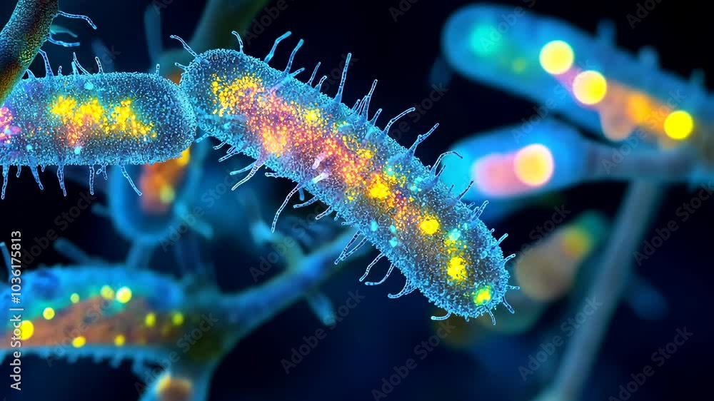 Aufkleber a close-up view of a bacteria cell under a microscope, showing its intricate structure and bright, c