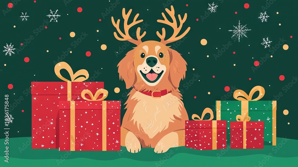 Poster   Dog sitting in front of gift piles with reindeer head on head