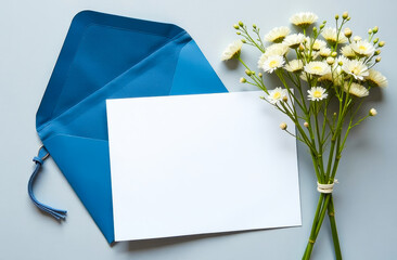 mockup template of gift certificate or flyer with postal envelope and bouquet of wild flowers