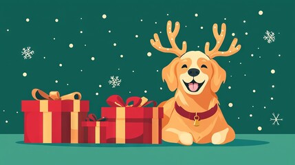 Naklejka premium Golden Retriever dog sits next to presents under snow-covered sky with snowflakes
