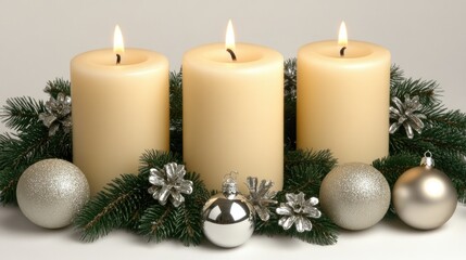 A warm and inviting Christmas table features three white candles surrounded by green pine branches and silver ornaments, perfect for holiday decor