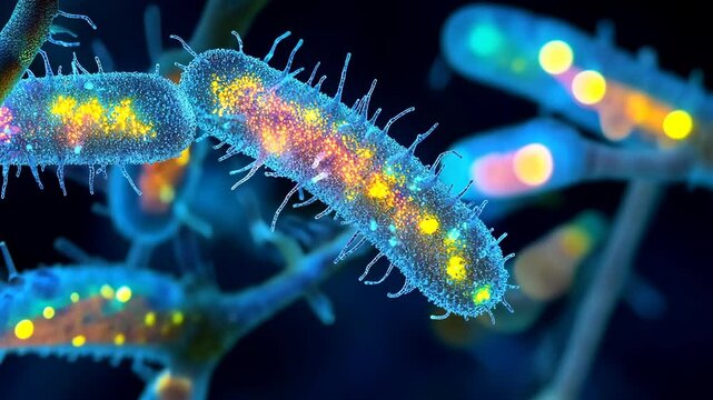A close-up view of a bacteria cell under a microscope, showing its intricate structure and bright, colorful details