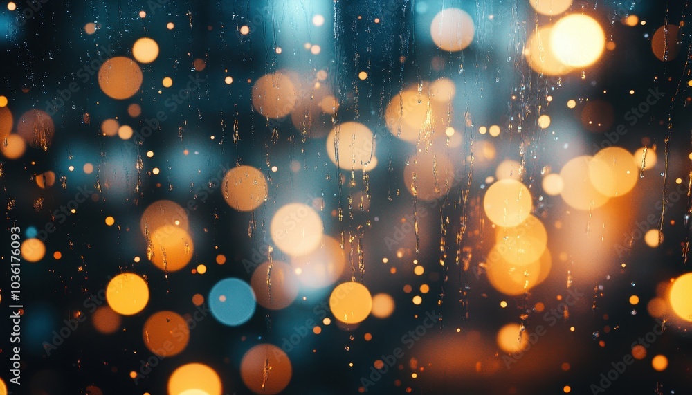Poster captivating bokeh effect created by raindrops on a window during a rainy evening