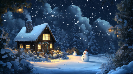 Fototapeta premium This cute design with a cozy cabin, snowmen, and wintery scenes is perfect for making backgrounds and clothes.