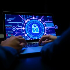 Naklejka premium A close-up of a professional sitting at a desk, typing on a laptop, with a focus on cybersecurity and data protection. The screen displays a network security interface, with holographic icons of locks