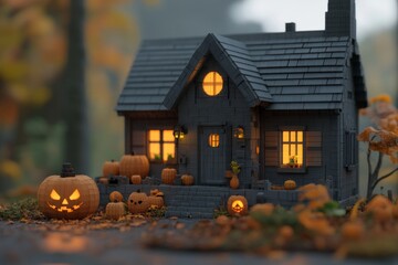 Obraz premium Small house surrounded by carved pumpkins in a cozy autumn evening setting creating a festive Halloween scene with warm lighting and rustic seasonal decor
