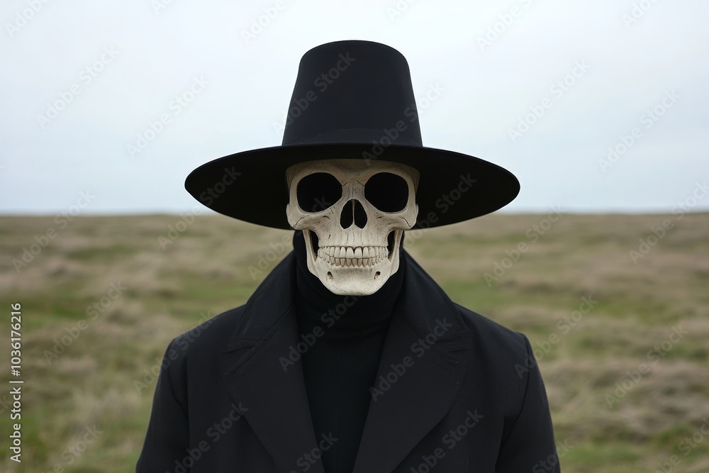 Poster Man in a wide brimmed hat wearing a skull mask standing in a desolate field evoking fear and isolation in a minimalist eerie Halloween setting with subtle light