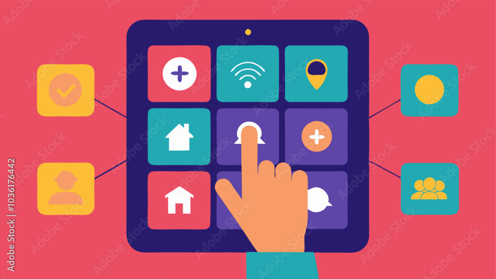 Poster touchscreen with large icons a hand interacting with a touchscreen device that features oversized ic