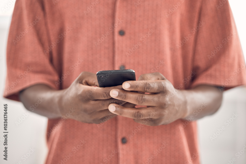 Poster hands, phone and texting for contact in office, startup and notification on break at media company. 