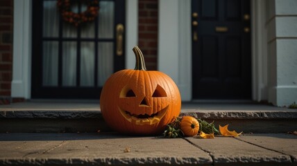Fototapeta premium A carved pumpkin with a toothy grin sits on the steps of a home, ready for Halloween.