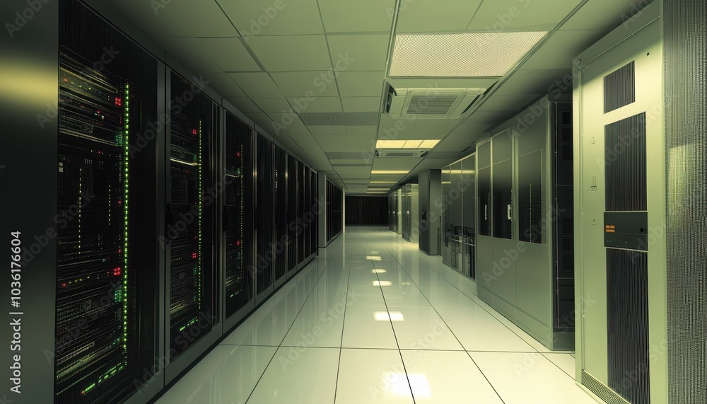 Poster modern data center aisle with rows of server racks and bright lighting
