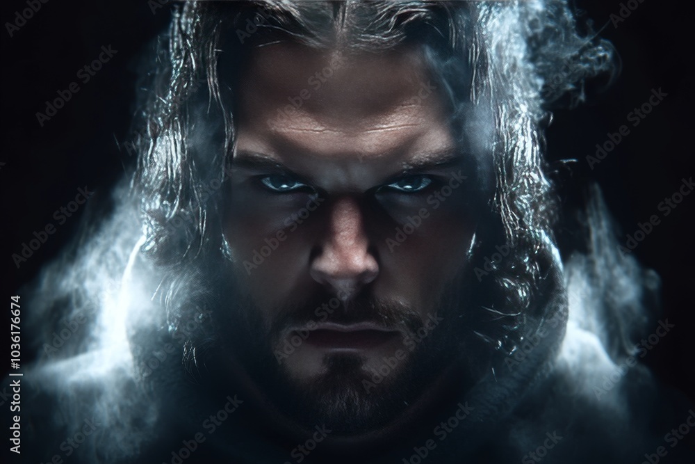 Poster man standing in a fog filled scene with intense lighting effects and a dark brooding expression evok