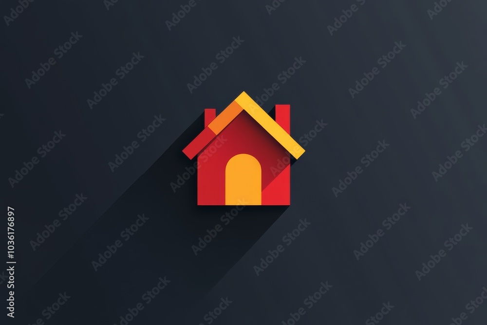 Poster flat icon of a house with a red roof on a dark background symbolizing home and stability in a minima