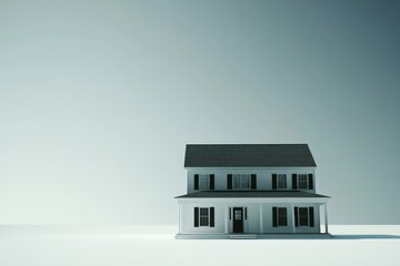 Minimalist black and white house in a barren landscape with an overcast sky evoking a sense of isolation and eerie calm in a stark Halloween scene with subtle lighting effects