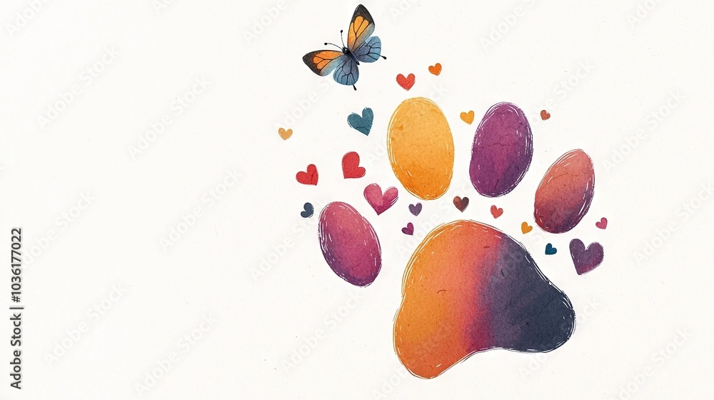 Canvas Prints   A drawing of a dog's paw adorned with hearts and a flying butterfly on white paper