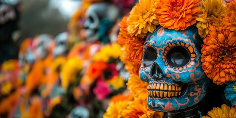 Painted sugar skull in hat, decorated yellow flowers and candles, traditional decoration for Dia de Los Muertos