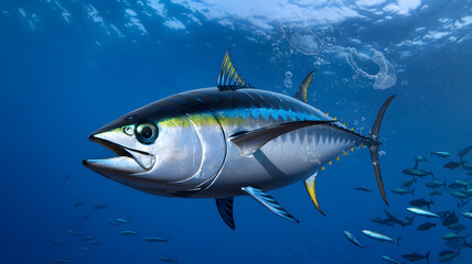 Fototapeta premium Tuna swimming underwater with school of fish