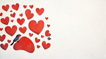   A pair of birds perched on top of a collection of red, heart-shaped decorations adorning a wall side