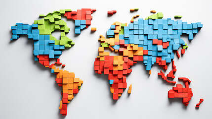 Obraz premium Abstract world map composed of colorful 3D geometric blocks on a light background, symbolizing global connectivity, diversity, and structure in modern design.