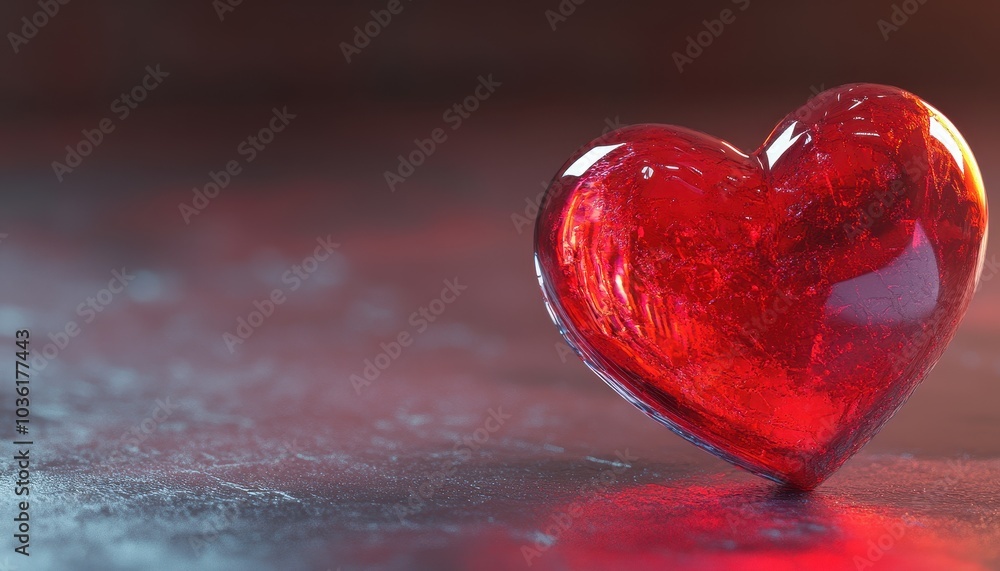 Poster red heart shaped decorative object resting on a reflective surface at twilight