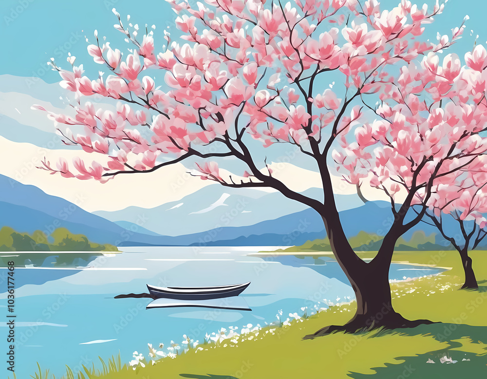 Poster painted tree in spring generated ai