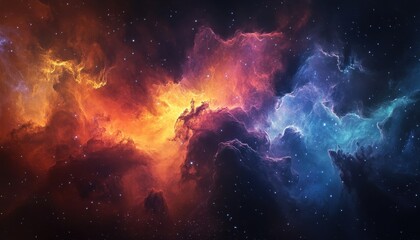 A vibrant cosmic nebula illuminated by fiery colors in deep space