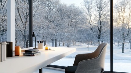 This cozy home office features a white desk, warm candles, and a winter landscape view, creating a serene work environment