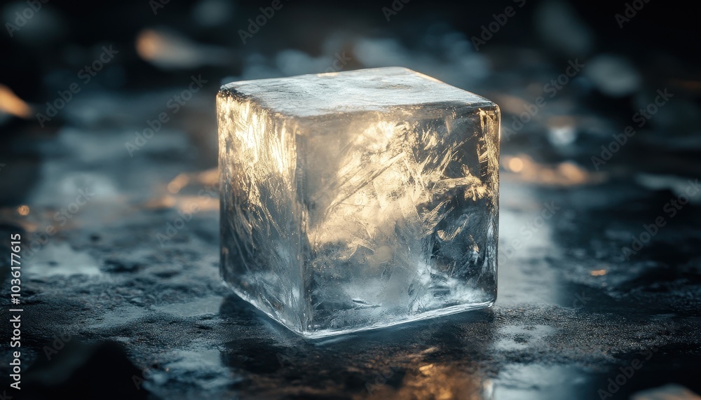 Poster a clear ice cube illuminated softly on a dark surface with scattered shards