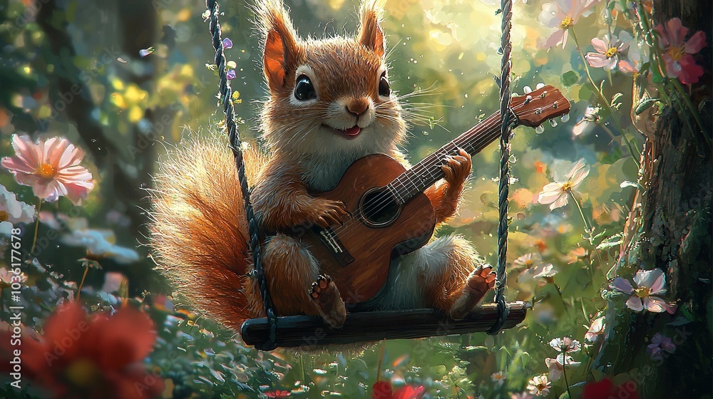 Wall mural   A squirrel plays a ukulele on a swing in a field of flowers and daisies