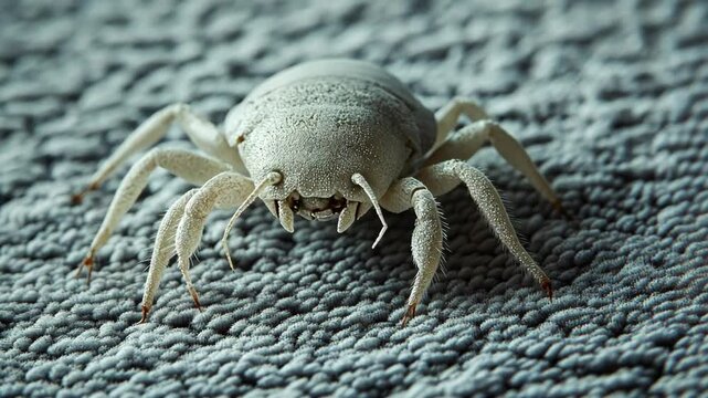 A dust mite crawls across carpet fibers, magnified for a closer look