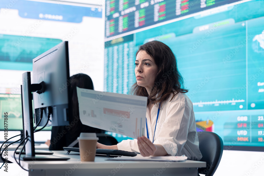 Poster enterprise worker examines project updates and details in control room, allocate resources and solve