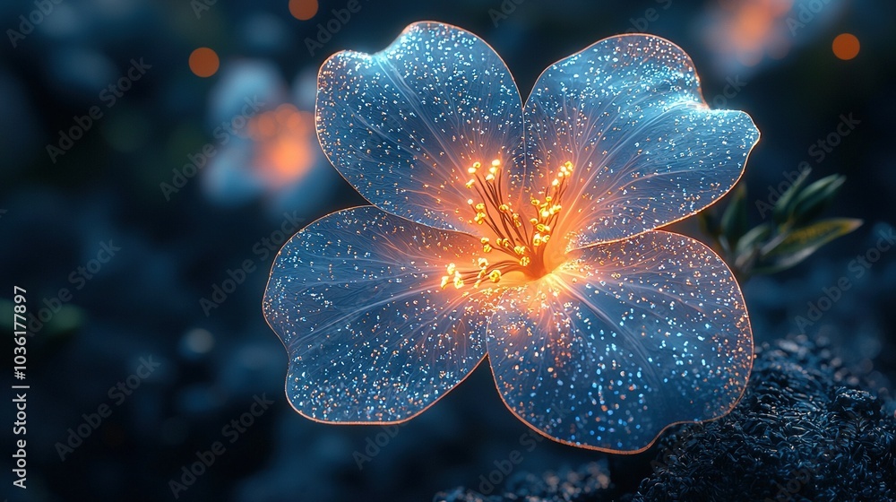 Poster   Blue flower with white speckles on its petals and a green stem in the foreground