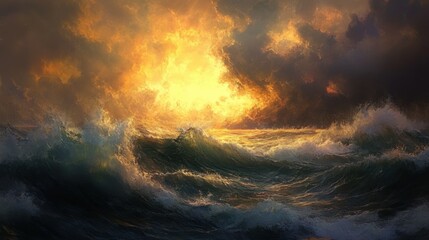 Dramatic ocean waves under a fiery sunset sky