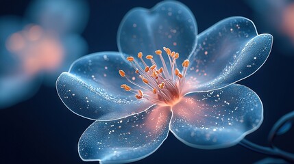   A detailed shot of a blue blossom, adorned with droplets of water on its velvety petals