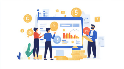 This illustration shows how businesses can make money from advertising. It features people looking at an advertising report and represents the idea of making a profit from marketing campaigns.