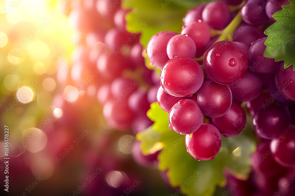 Wall mural clusters of luscious grapes glisten under the warm sunlight in a vineyard. each droplet of dew enhan