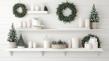 Fototapeta premium A beautifully decorated white wooden wall showcases a festive atmosphere with candles, greenery, and holiday decor, creating a warm ambiance