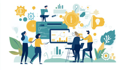 This illustration shows ways to improve work processes, manage teams, and grow businesses. It covers topics like project leadership, using waterfall or agile methods, and tools to boost productivity.