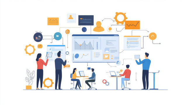 This illustration shows ways to improve work processes, manage teams, and grow businesses. It covers topics like project leadership, using waterfall or agile methods, and tools to boost productivity.