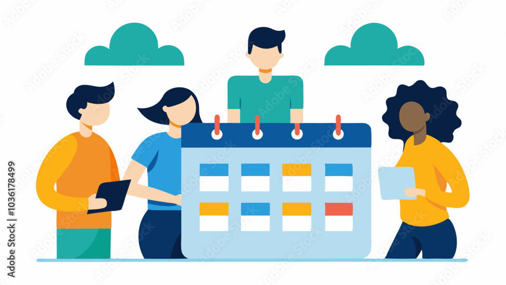 Poster time management students of different abilities working on a shared calendar or planner discussing d