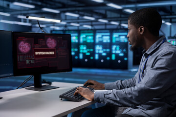 African american engineer in server room frightened by hacker passing company firewall and stealing...