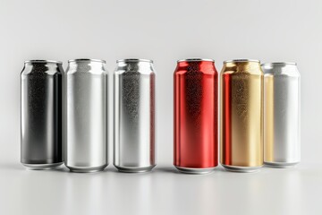 Aluminum slim cans in various colors: silver, white, black, and red, isolated on a white background, 3D illustration for beer can mockup templates