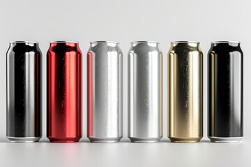 Aluminum slim cans in various colors: silver, white, black, and red, isolated on a white background, 3D illustration for beer can mockup templates