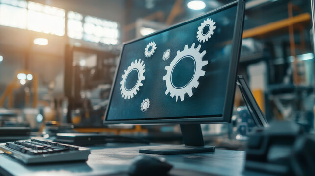 This image shows a computer screen with gears on it. It represents how software can automate tasks in businesses and factories to make things work better.